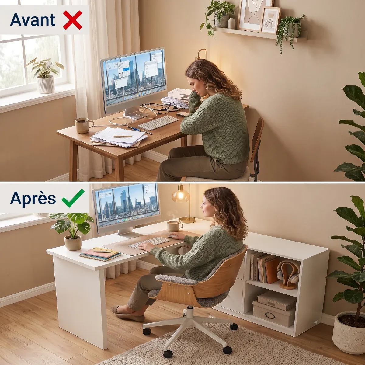 Comparatif avant après entre un espace encombré et le gain de place du bureau d'angle Vertigo