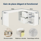 Schéma technique complet avec les dimensions en centimètres du bureau d'angle Vertigo