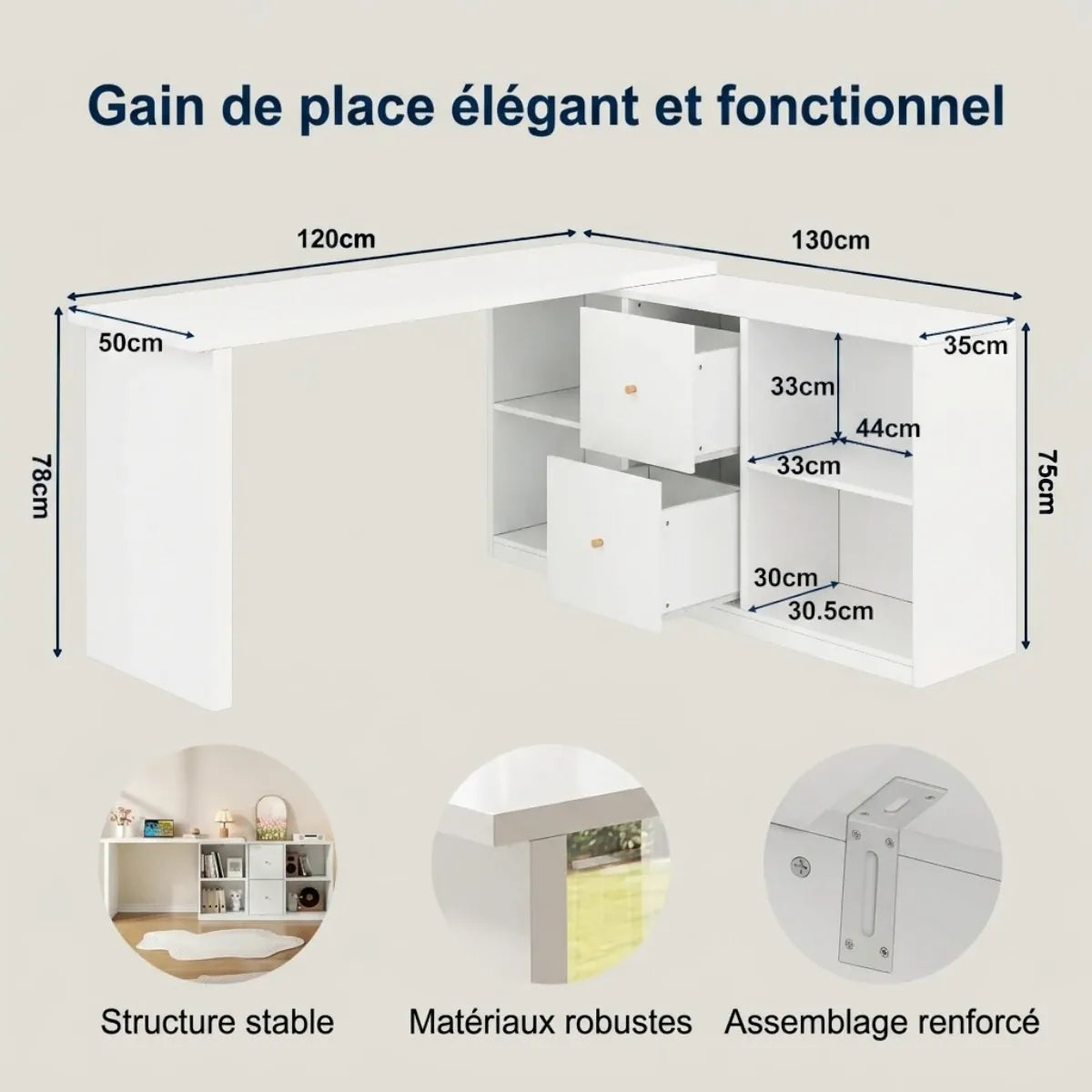 Schéma technique complet avec les dimensions en centimètres du bureau d'angle Vertigo
