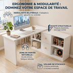 Infographie détaillée présentant l'ergonomie et le volume de stockage du bureau d'angle Vertigo