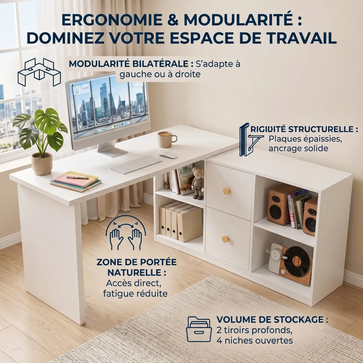 Infographie détaillée présentant l'ergonomie et le volume de stockage du bureau d'angle Vertigo