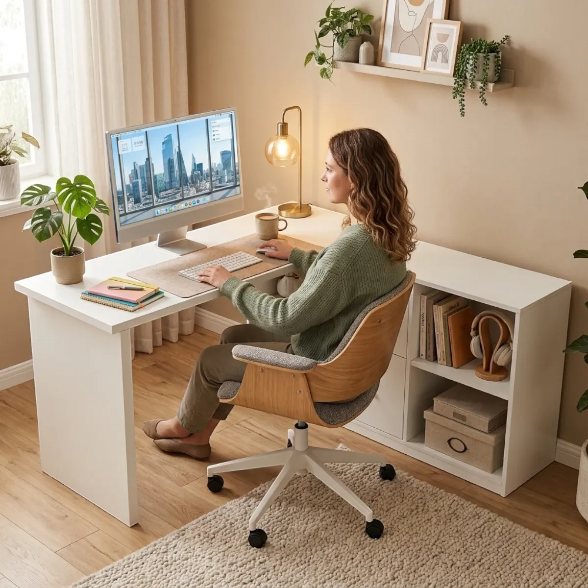 Femme assise confortablement travaillant sur le bureau d'angle Vertigo dans un décor cosy