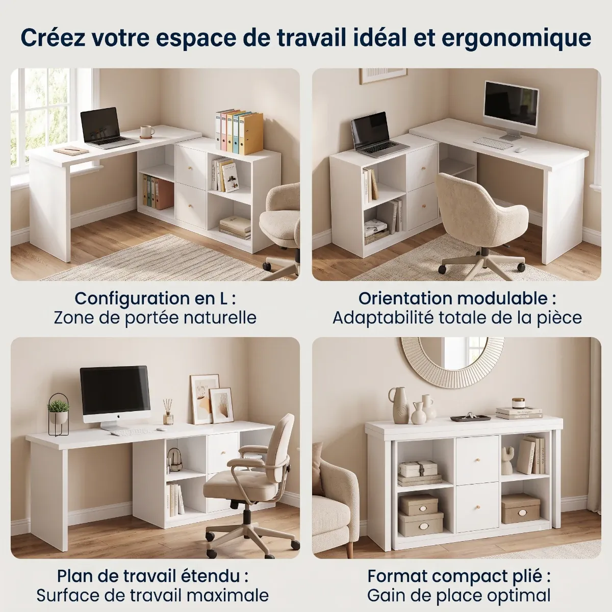 Les quatre configurations d'aménagement et de modularité du bureau d'angle Vertigo en situation