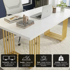 Vue en angle du bureau de direction blanc et doré avec icônes récapitulatives des dimensions et de la robustesse.