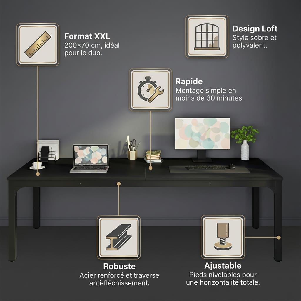 Infographie du bureau bois double 200x70 cm soulignant le format XXL, le montage rapide, le design loft et la structure robuste.