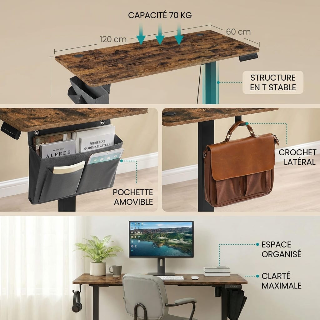 Bureau assis debout 120x60cm avec plateau aspect bois rustique, pochette de rangement latérale amovible et crochet pour casque ou sac.