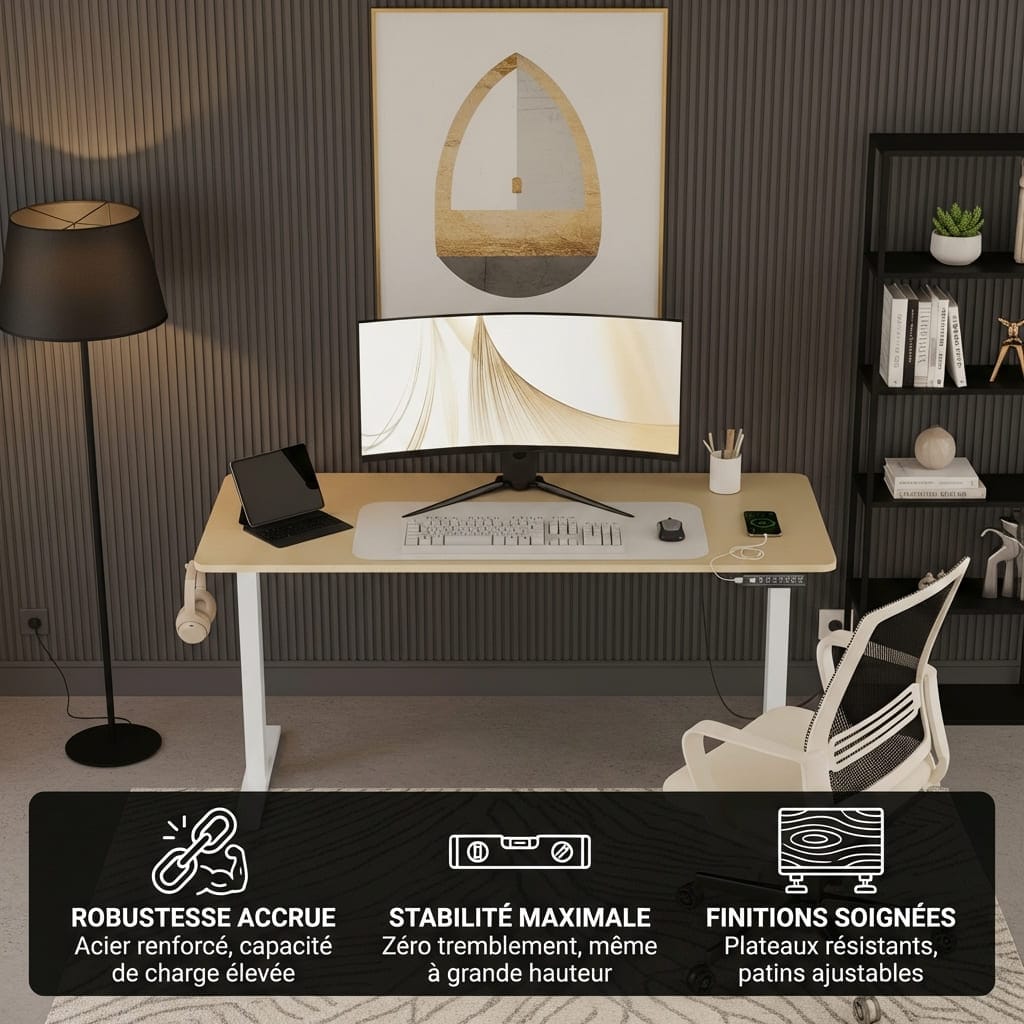 Bureau assis-debout électrique avec plateau en bois clair, pieds blancs, écran incurvé et support casque latéral.