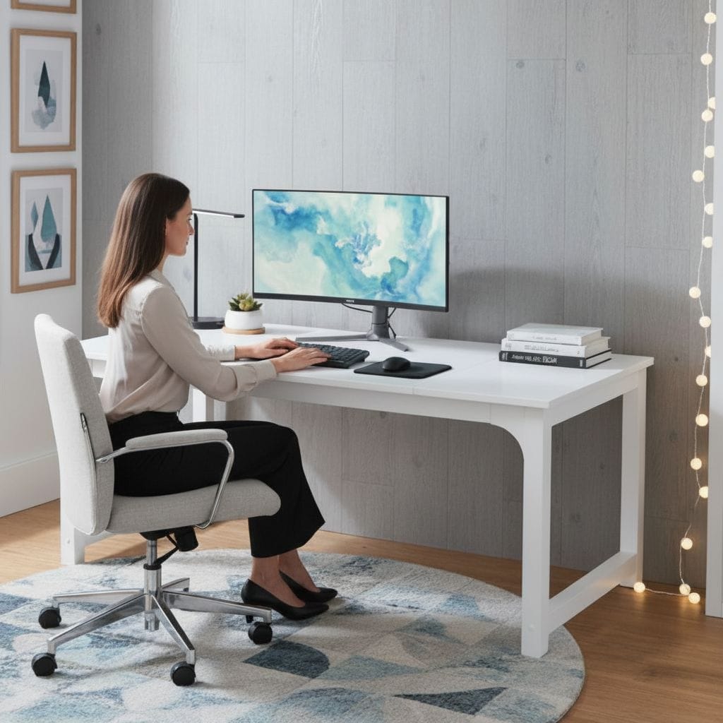 Bureau en Bois Blanc 160 cm - Station de Travail Professionnelle avec Structure Métallique Renforcée