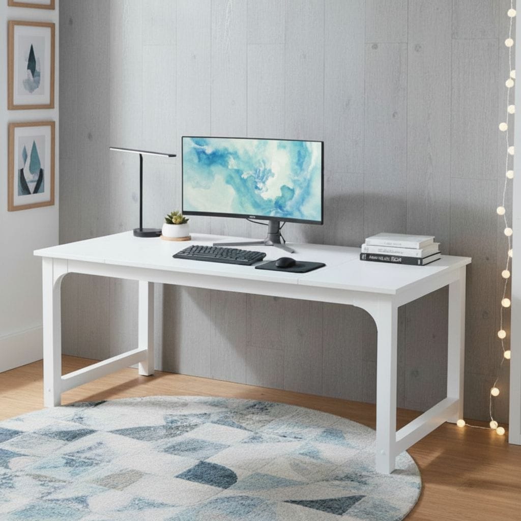 Bureau en Bois Blanc 160 cm - Station de Travail Professionnelle avec Structure Métallique Renforcée