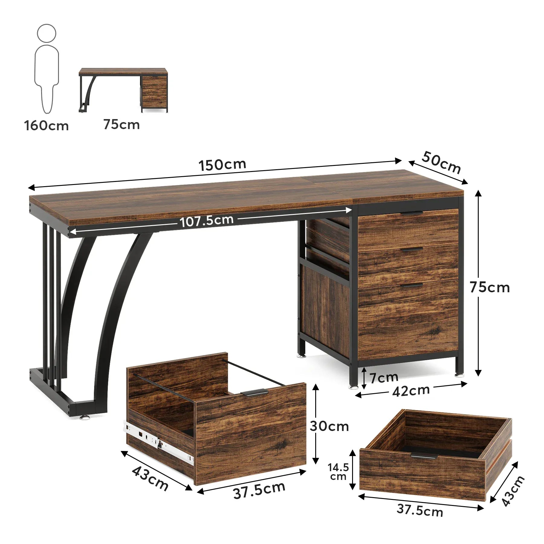 Bureau en Bois Industriel avec 3 Tiroirs Réversibles 150 cm