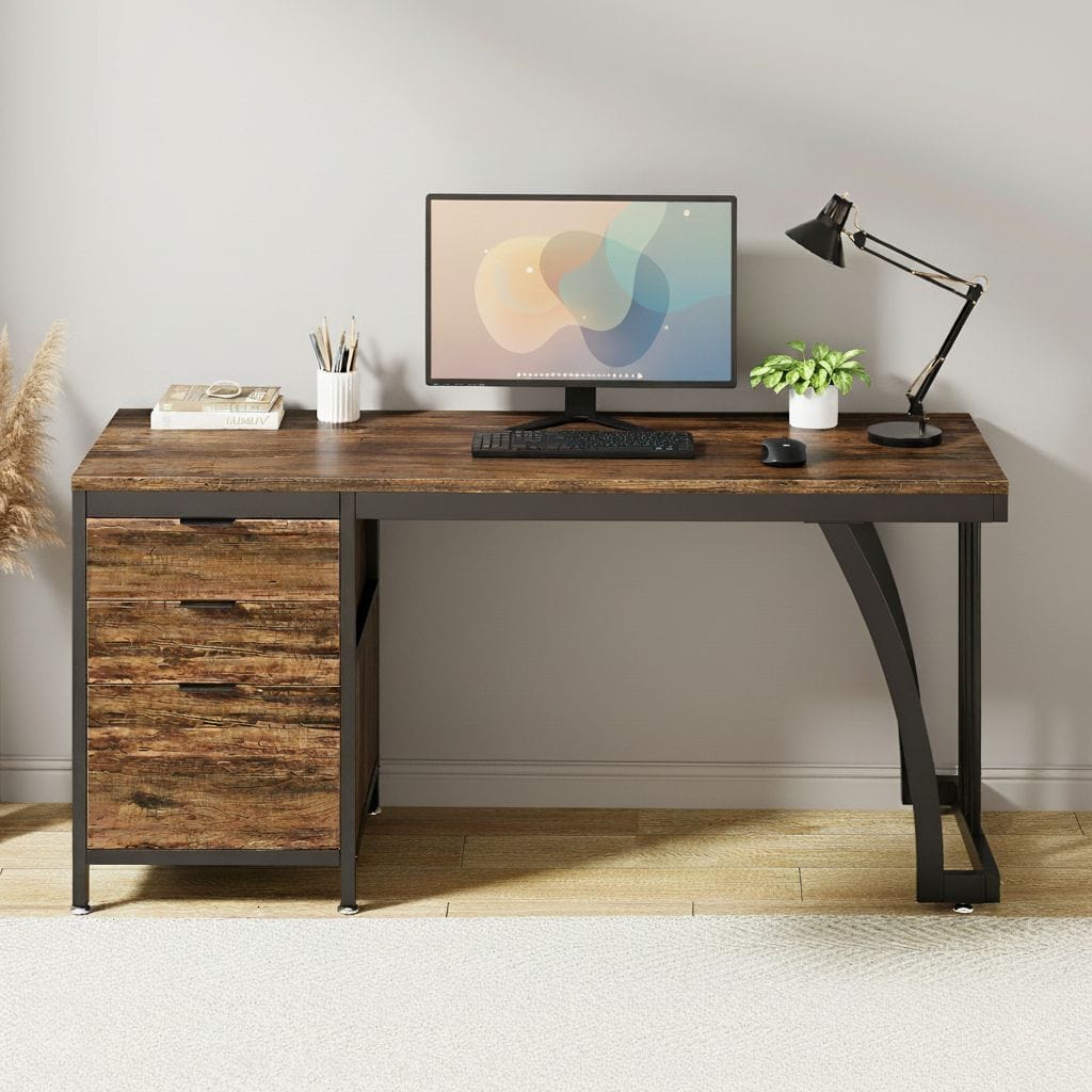 Bureau en Bois Industriel avec 3 Tiroirs Réversibles 150 cm