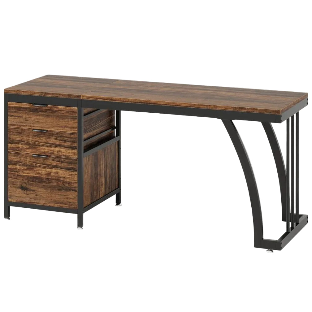 Bureau en Bois Industriel avec 3 Tiroirs Réversibles 150 cm