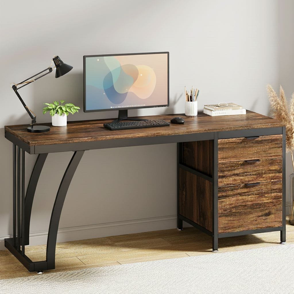 Bureau en Bois Industriel avec 3 Tiroirs Réversibles 150 cm