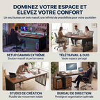 Infographie du bureau en bois LignaTandem de Bureau Cosy montrant 4 cas d'utilisation : Setup Gaming Extrême, Télétravail & Duo, Studio de Création, et Bureau de Direction, avec son plateau de 180cm et ses pieds en acier.