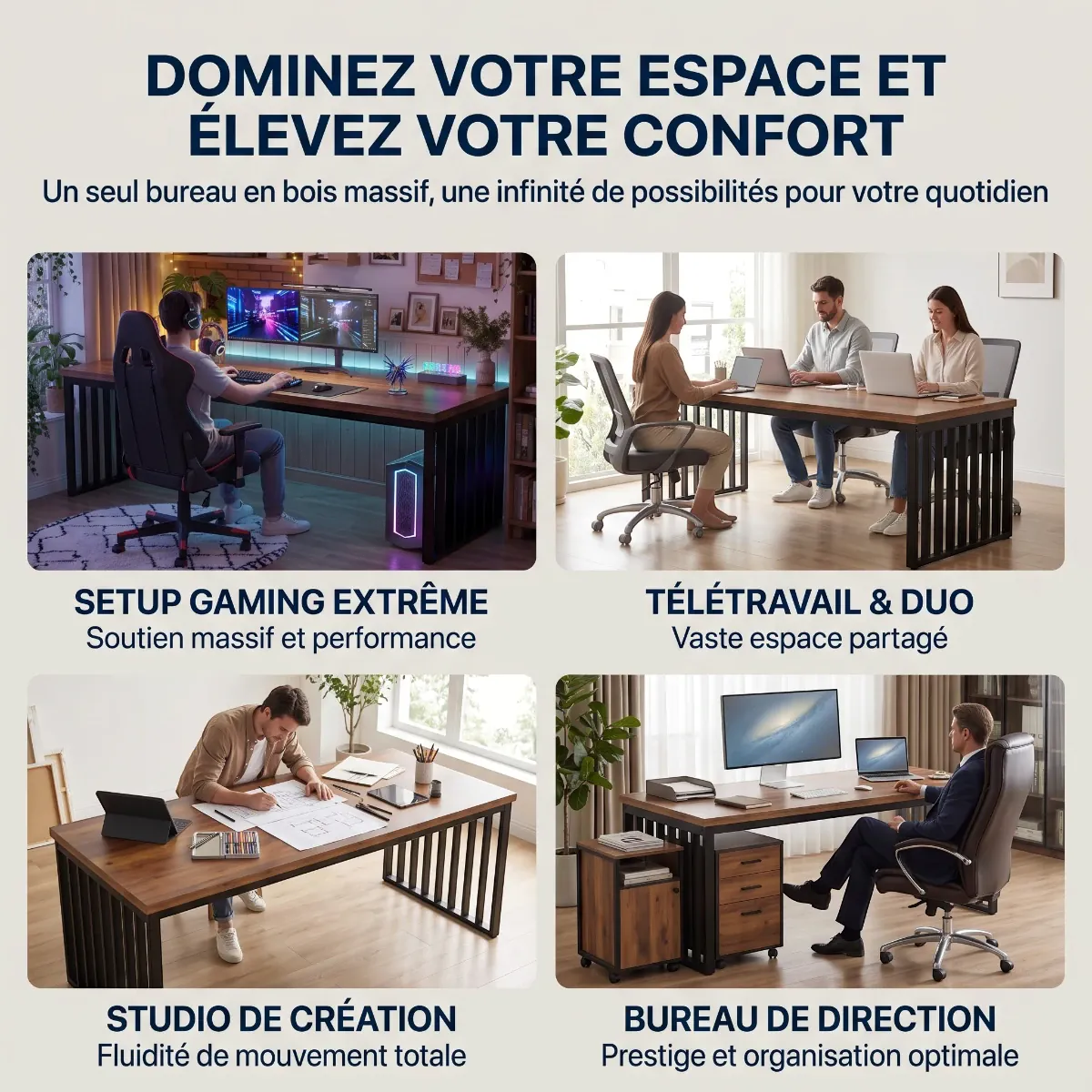 Infographie du bureau en bois LignaTandem de Bureau Cosy montrant 4 cas d'utilisation : Setup Gaming Extrême, Télétravail & Duo, Studio de Création, et Bureau de Direction, avec son plateau de 180cm et ses pieds en acier.