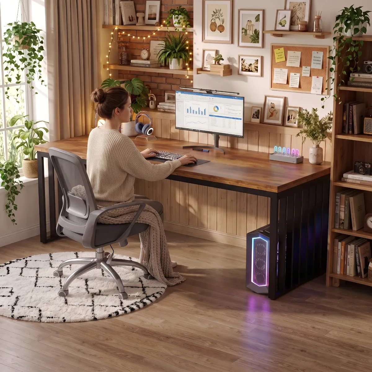 Femme travaillant confortablement sur le bureau en bois LignaTandem