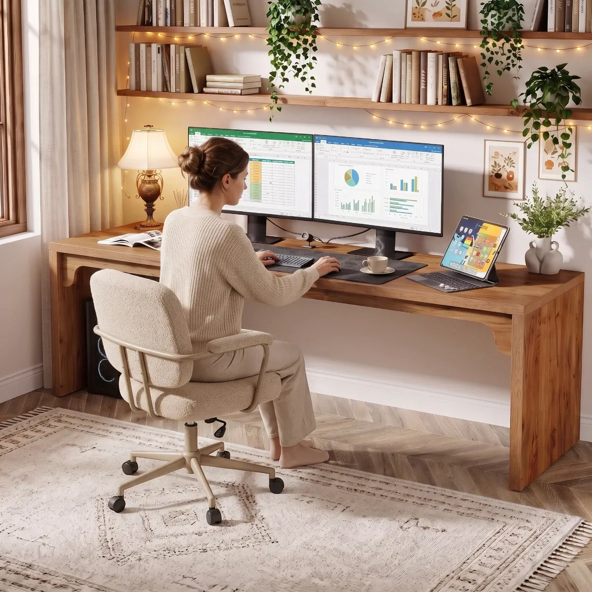 Utilisatrice travaillant sur le bureau en bois Lignum Duo avec configuration double écran