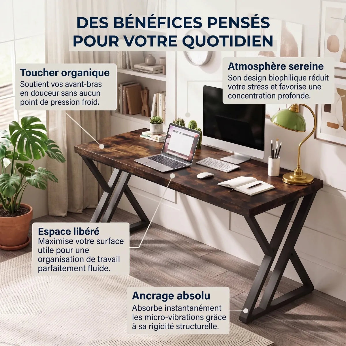Infographie des bénéfices ergonomiques et du bien-être du bureau en bois Z-Desk
