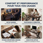 Illustration des 4 cas d'utilisation du bureau en bois Z-Desk (Gaming, Télétravail, Design, Office)