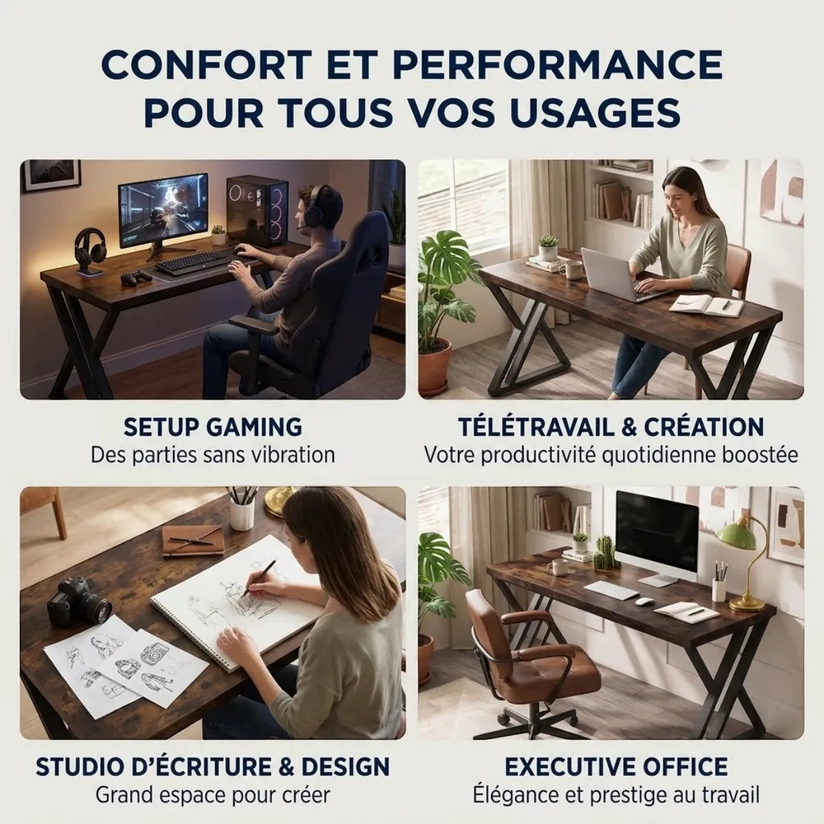 Illustration des 4 cas d'utilisation du bureau en bois Z-Desk (Gaming, Télétravail, Design, Office)
