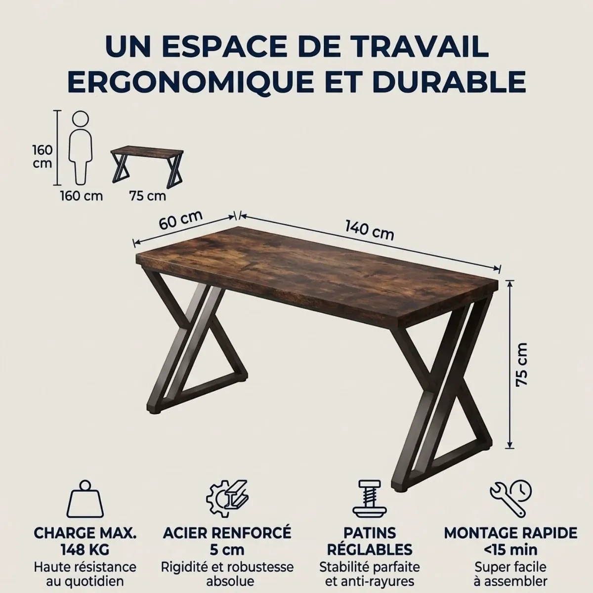 Schéma des dimensions en cm et caractéristiques techniques du bureau en bois Z-Desk
