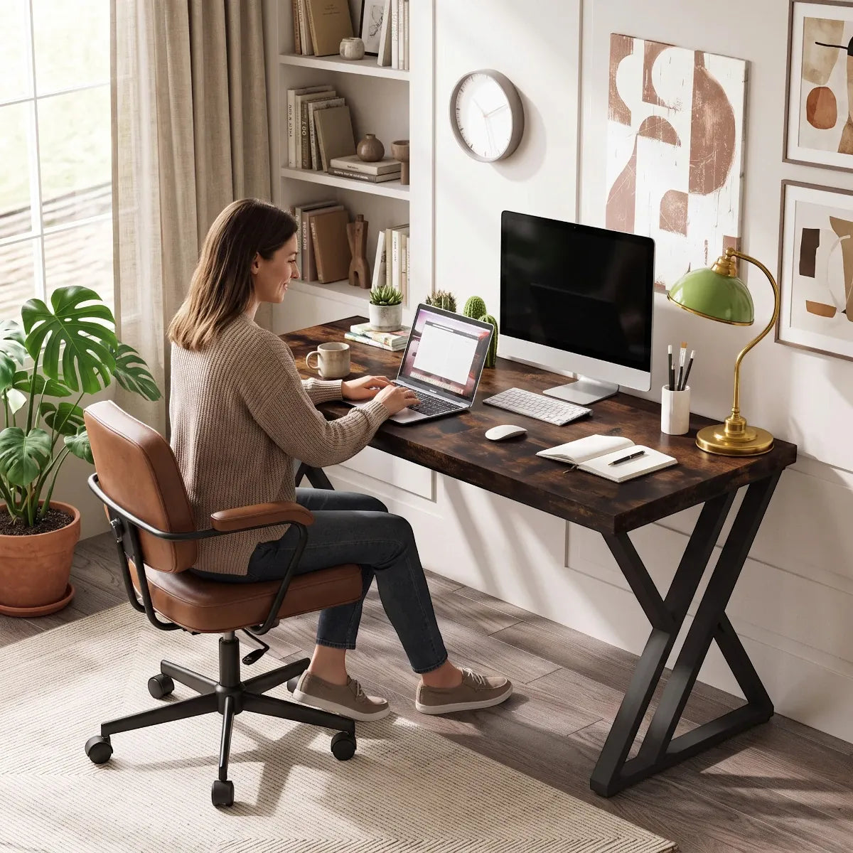 Aménagement lifestyle de télétravail avec une femme travaillant sur le bureau en bois Z-Desk