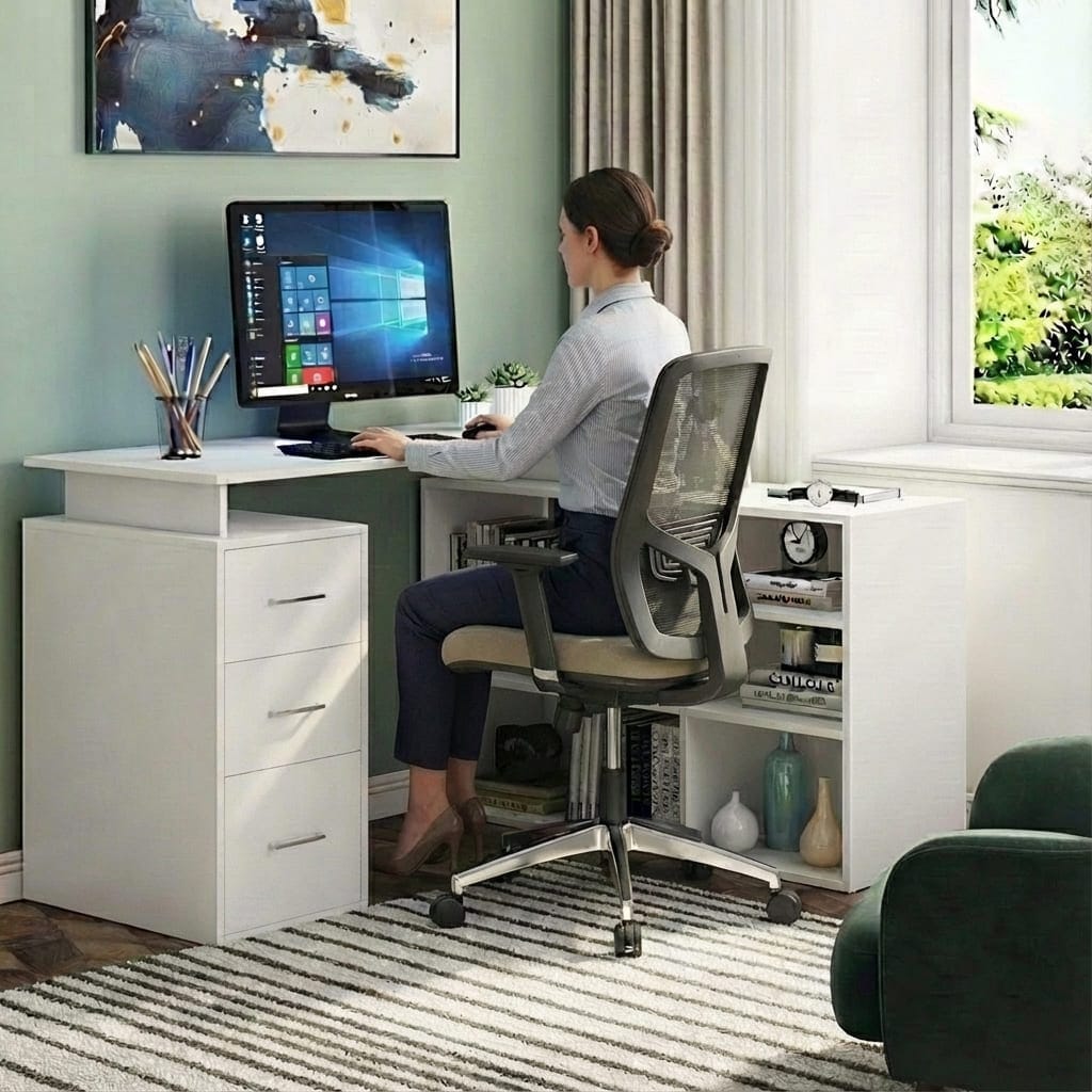 Femme travaillant sur un bureau d'angle en L blanc au design minimaliste avec rangements intégrés, chaise ergonomique et configuration informatique propre dans un intérieur lumineux.