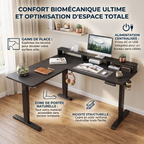 Infographie des bénéfices du bureau d'angle Kova Pro : zone de portée naturelle et rigidité structurelle.