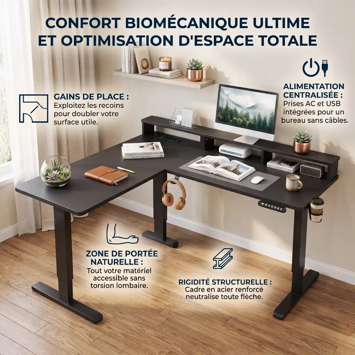 Infographie des bénéfices du bureau d'angle Kova Pro : zone de portée naturelle et rigidité structurelle.