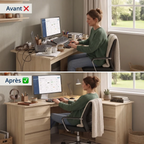 Comparatif avant après mettant en valeur l'ergonomie posturale et le gain de place du bureau en L Nook