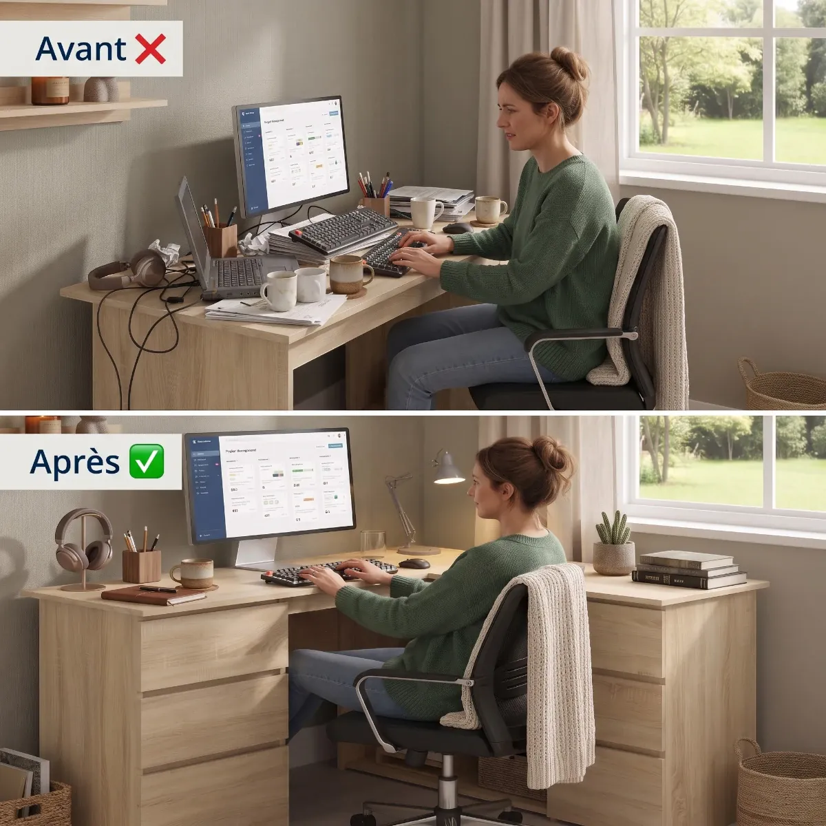 Comparatif avant après mettant en valeur l'ergonomie posturale et le gain de place du bureau en L Nook