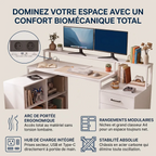 Infographie des bénéfices du bureau en L Sector : arc de portée biomécanique, hub de charge et stabilité.