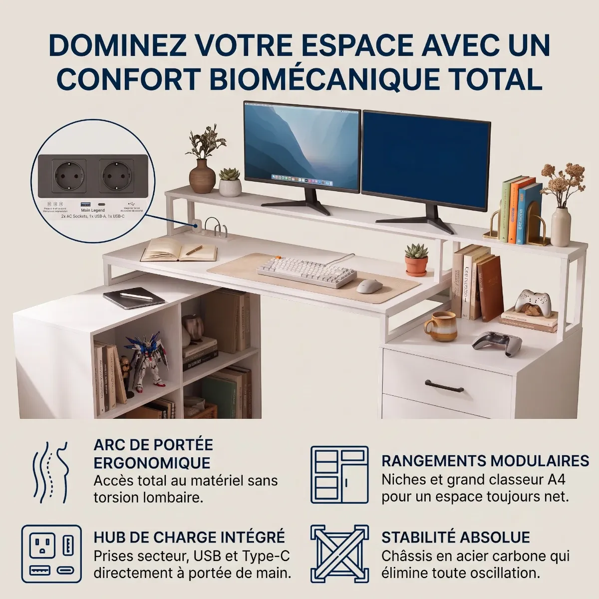 Infographie des bénéfices du bureau en L Sector : arc de portée biomécanique, hub de charge et stabilité.