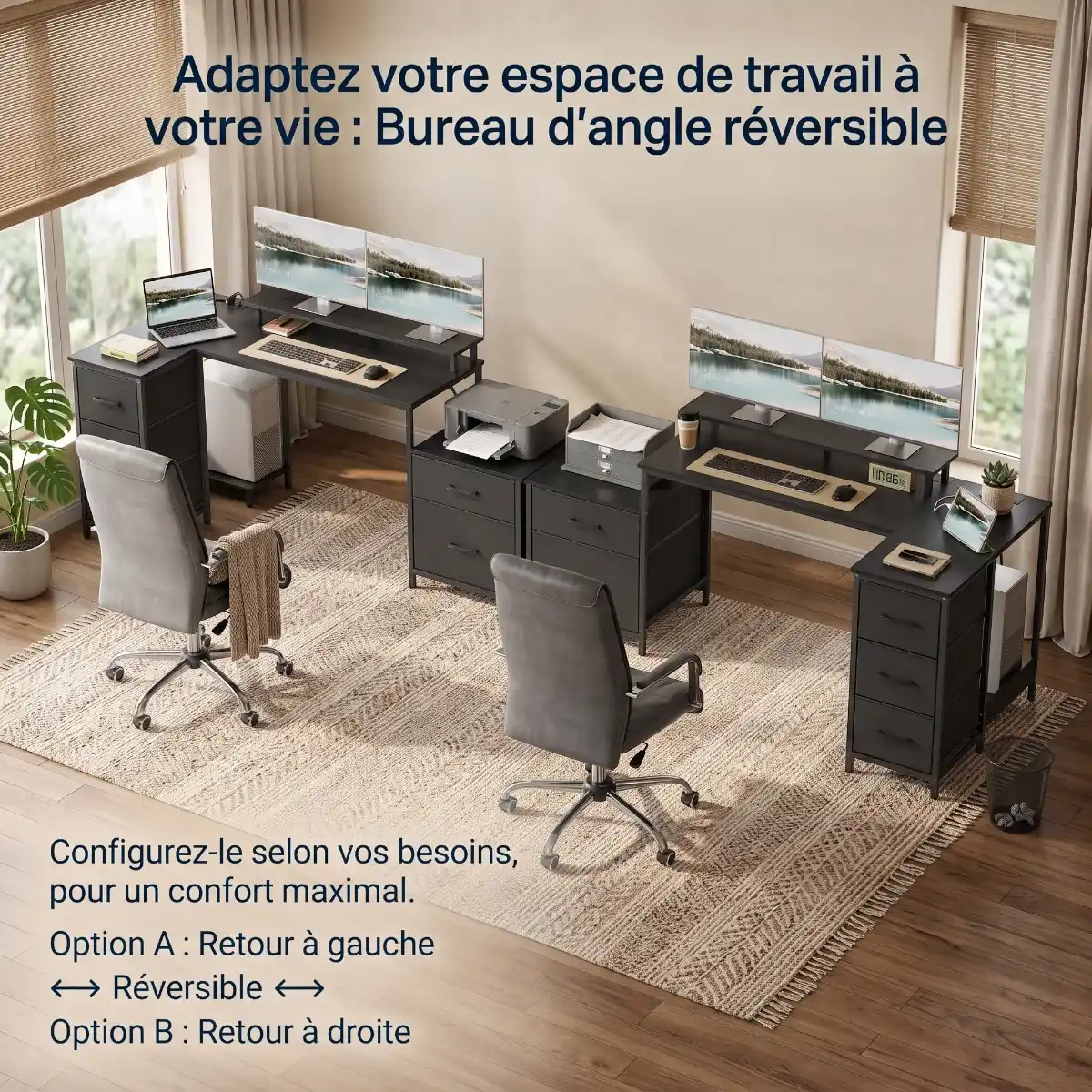 Démonstration de la configuration en L réversible gauche ou droite du bureau Volta