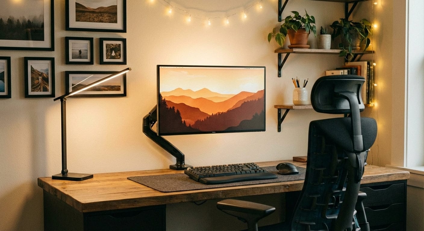 Bureau en bois massif avec bras articulé pour écran, clavier ergonomique, tapis de souris en feutre, lampe de bureau et plantes, illustrant un espace de travail ergonomique et chaleureux créé par Bureau Cosy.