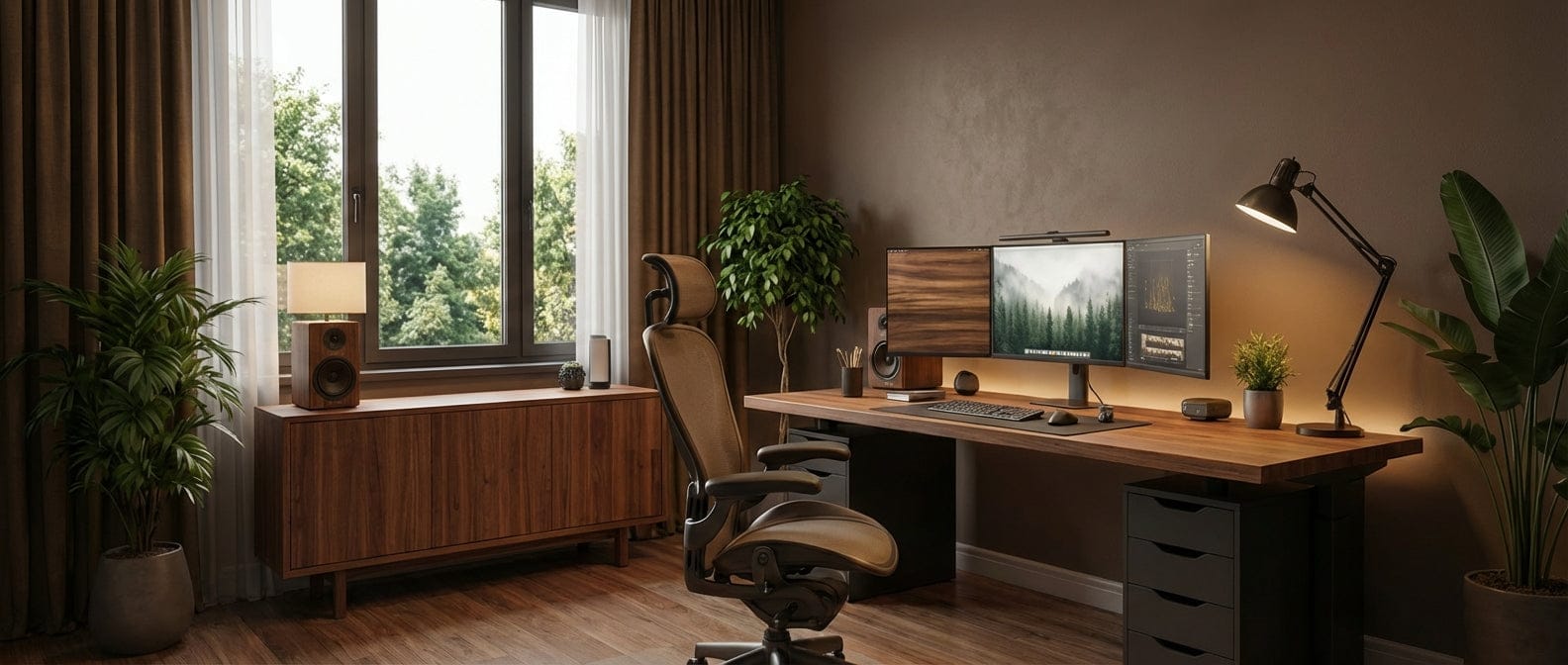 Aménagement de bureau ergonomique complet avec mobilier (bureau, chaise) et accessoires de productivité (supports, éclairage LED) pour un télétravail organisé et confortable avec Bureau Cosy.