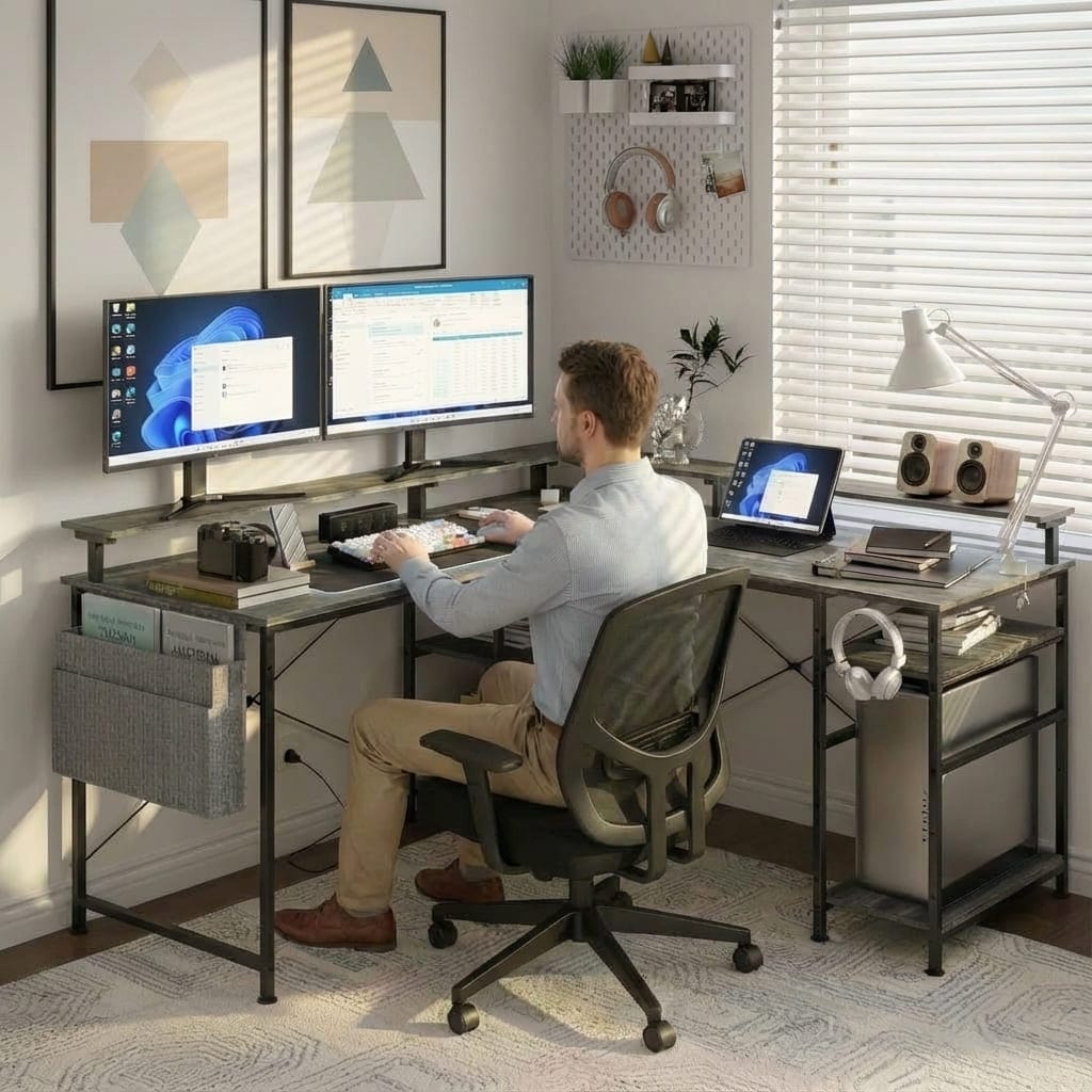 Poste de travail ergonomique en mode lumière naturelle avec étagères de rangement et gestion des câbles optimisée.