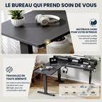 Zoom sur le revêtement écoresponsable et l'indicateur de décibels (45 dB) des moteurs du bureau d'angle Kova Pro.