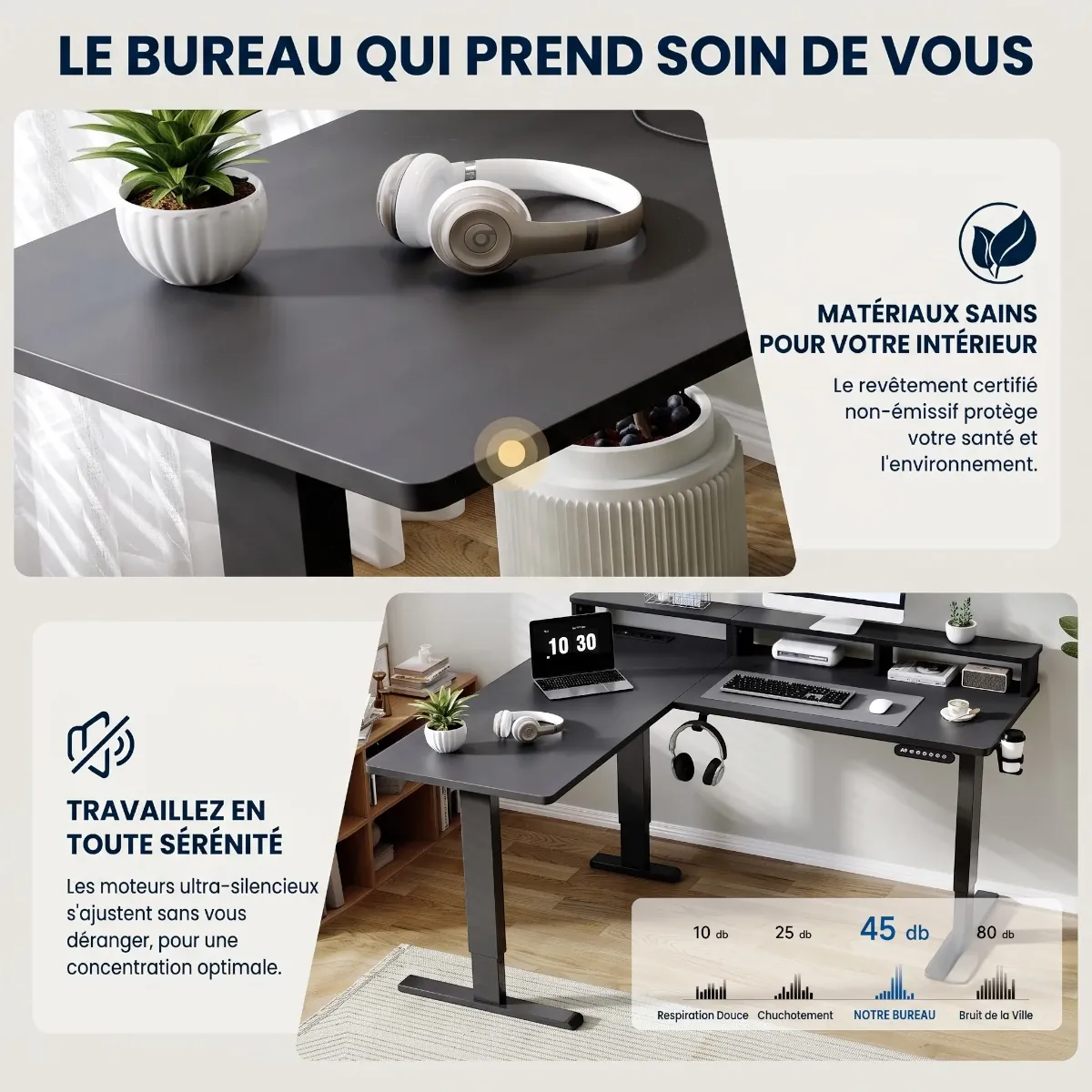 Zoom sur le revêtement écoresponsable et l'indicateur de décibels (45 dB) des moteurs du bureau d'angle Kova Pro.