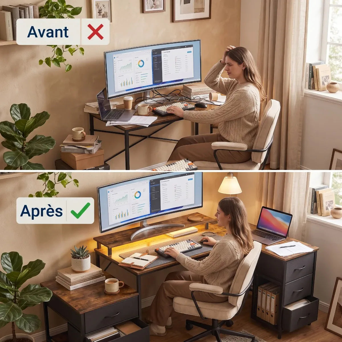 Comparatif avant après montrant l'amélioration de la posture grâce au bureau en L Volta