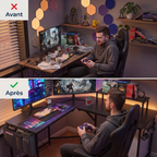 Comparatif avant après démontrant le gain de place et l'optimisation de l'espace de travail grâce au bureau d'angle en L Centrix.