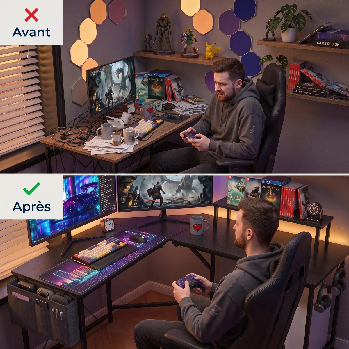 Comparatif avant après démontrant le gain de place et l'optimisation de l'espace de travail grâce au bureau d'angle en L Centrix.
