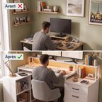 Comparatif avant après montrant le gain de place et l'optimisation de la posture avec le bureau Sector.