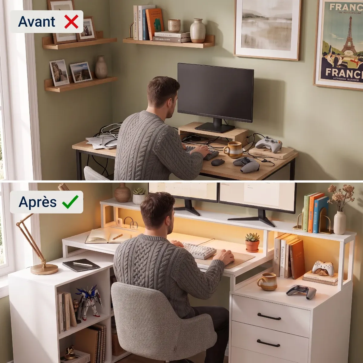 Comparatif avant après montrant le gain de place et l'optimisation de la posture avec le bureau Sector.