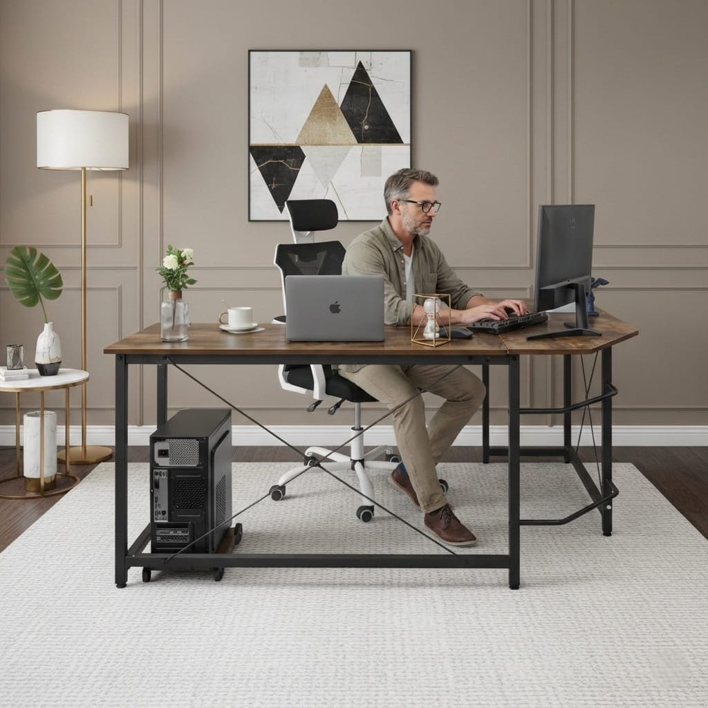 Station de travail ergonomique en angle style industriel avec un homme travaillant sur un ordinateur fixe et portable.