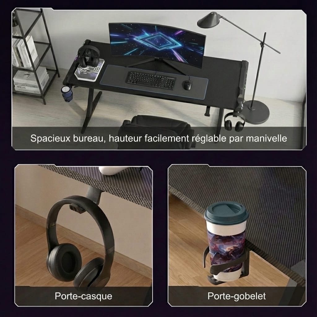 Vue d'ensemble d'un grand bureau gaming noir assis debout à montrant le réglage de hauteur par manivelle, avec des zooms sur le porte-casque et le porte-gobelet intégrés.