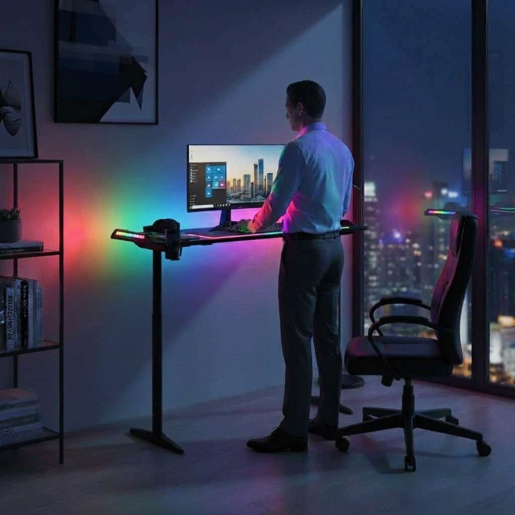 Homme travaillant debout sur un bureau gaming réglable en hauteur avec éclairage LED RGB immersif dans un bureau moderne de nuit.