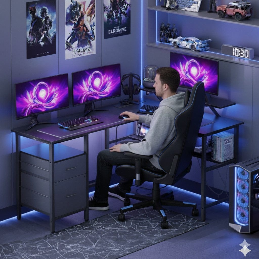 Bureau Gaming LED en Forme de L avec Prises Intégrées et Support Moniteur Ergonomique