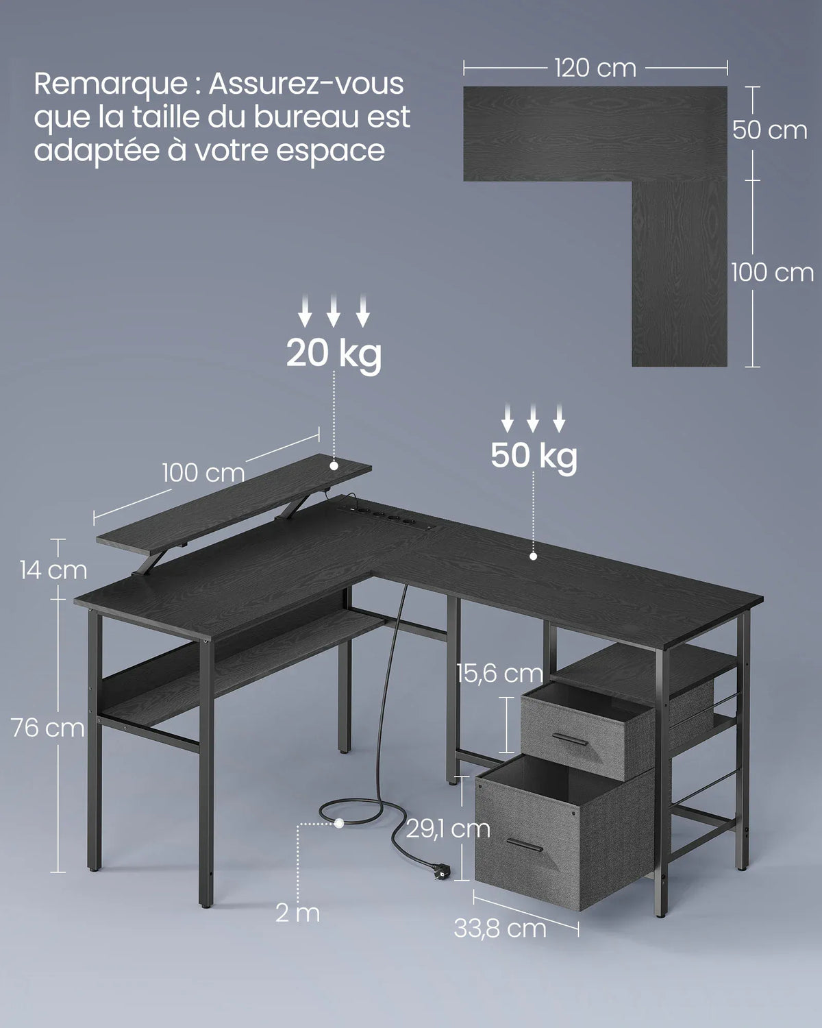 Bureau Gaming LED en Forme de L avec Prises Intégrées et Support Moniteur Ergonomique