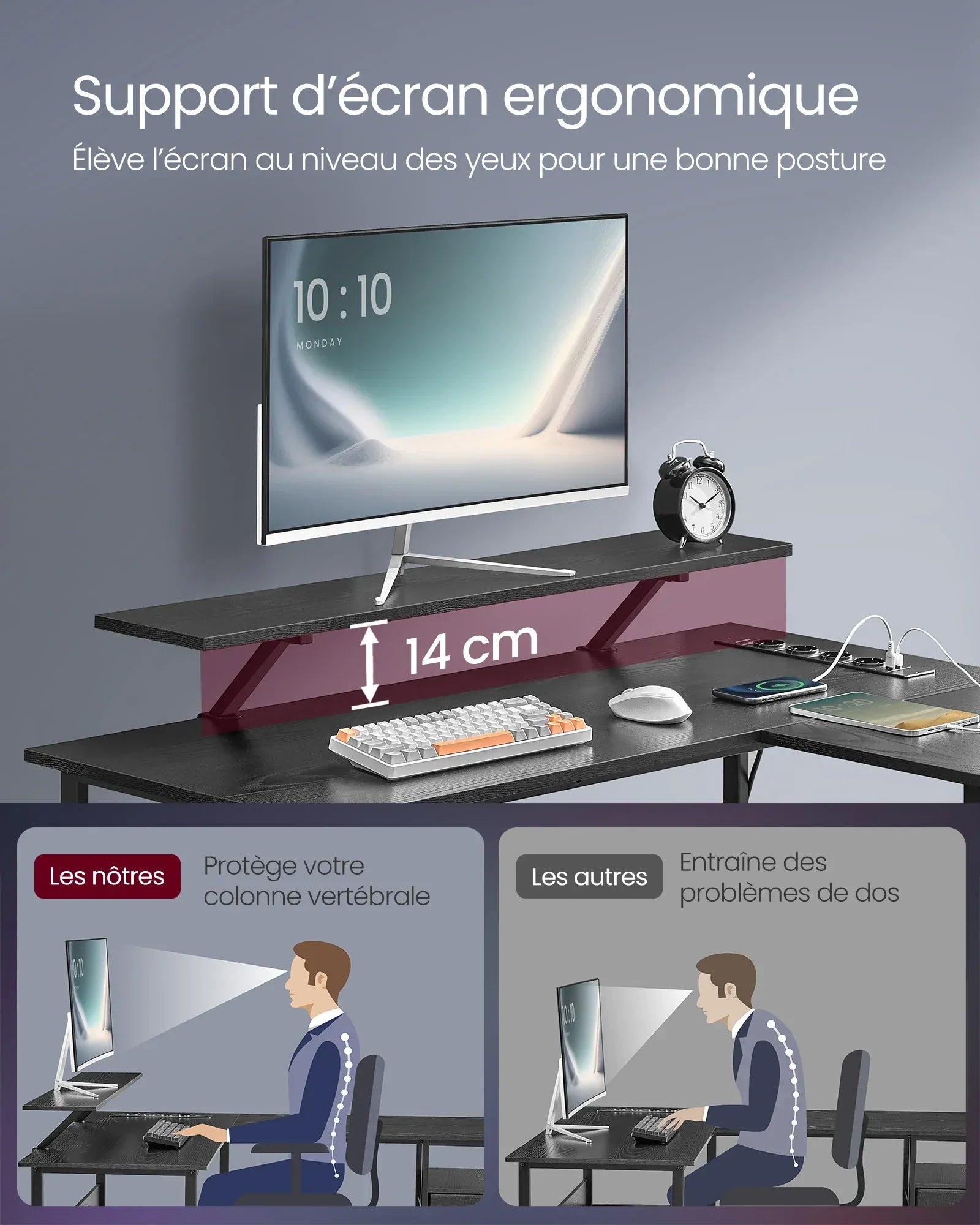Bureau Gaming LED en Forme de L avec Prises Intégrées et Support Moniteur Ergonomique
